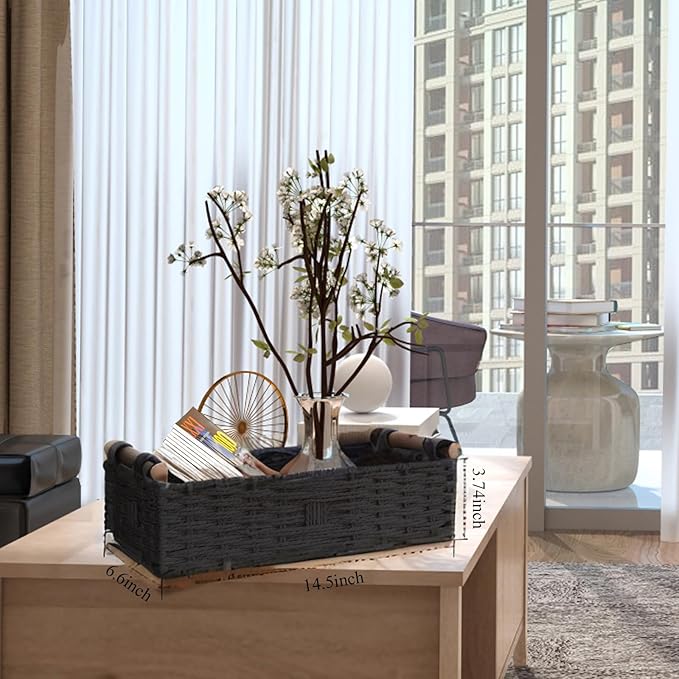 Round Paper Rope Storage Basket Wicker Baskets for Organizing with Handle Decorative Storage Bins for Countertop Toilet Paper Basket for Toilet Tank Top Small Baskets Set,Black
