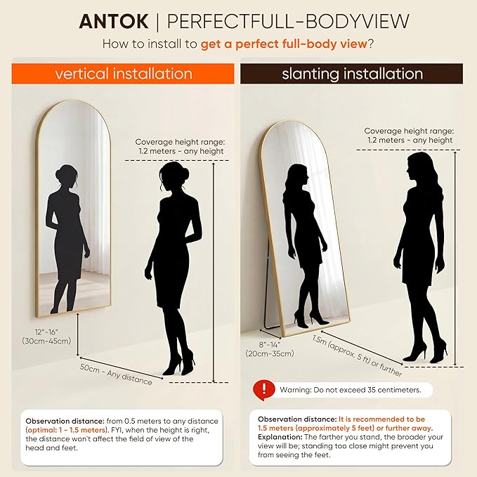 Antok Full Length Mirror, 71"x32" Floor Mirror, Arched Floor Standing Freestanding Arch Full Body Mirrors with Stand for Bedroom, Hanging Mounted for Living Room Cloakroom,Gold