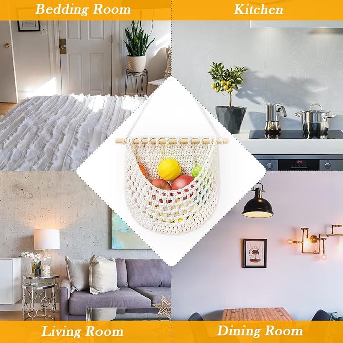Hanging Fruit Basket Handmade Boho Cotton Rope Wall Hanging Basket Over Door Storage Woven Baskets for Kitchen and Bedroom to Store Any Small Stuffe (1, white)