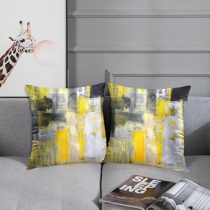 Emvency Set of 2 Yellow White and Black Throw Pillow Covers Modern Abstract Painting Decorative Pillow Cases Home Decor Standard Square 22x22 Inches Pillowcases