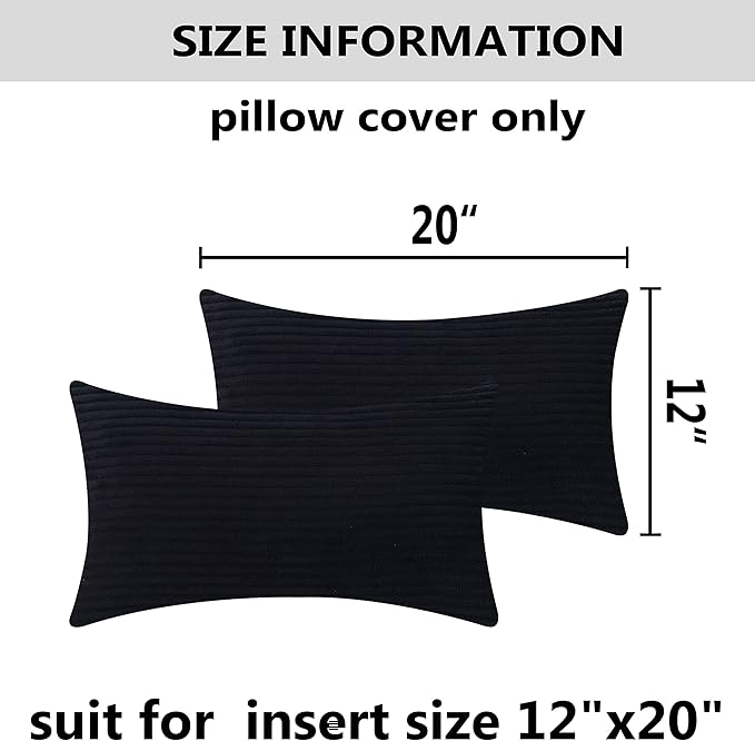Home Brilliant Rectangle Throw Pillow Covers Fall Decor Super Soft Striped Corduroy Solid Cushion Covers Oblong Throw Pillowcases for Lumbar, 12 x 20 inch, Black