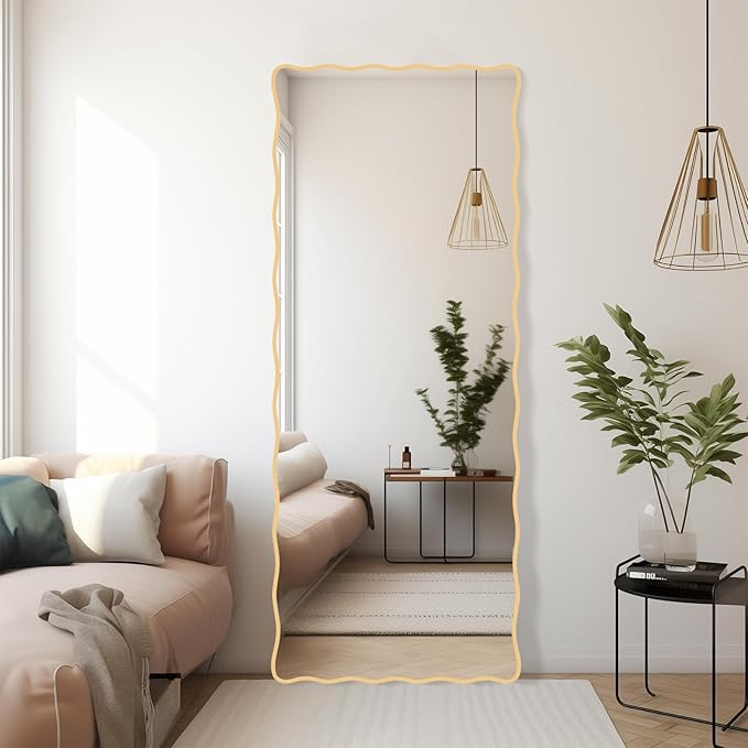 60X24 Inch Gold Wavy Bathroom Mirror for Wall, Scalloped Bathroom Vanity Mirror Farmhouse, Large Rectangle Mirror, Tempered Glass, Hangs Horizontally or Vertically
