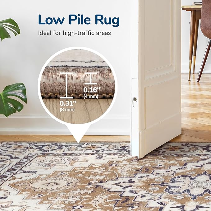 Lessymo 8 x 10 Area Rugs for Living Room- Machine Washable Area Rugs Boho Faux Wool Low Pile Area Rug for Bedroom, Floral Medallion Vintage Rugs with Non-Slip Rubber, Kid & Pet Friendly, Brown Beige
