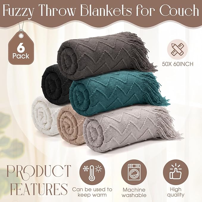 Buryeah 6 Pack Boho Knitted Throw Blankets with Tassels 50x60 Soft Warm Throws Bulk for Wedding Guests Housewarming Employee Teacher Appreciation Gifts Cozy Farmhouse Home Decor (Neutral Color)
