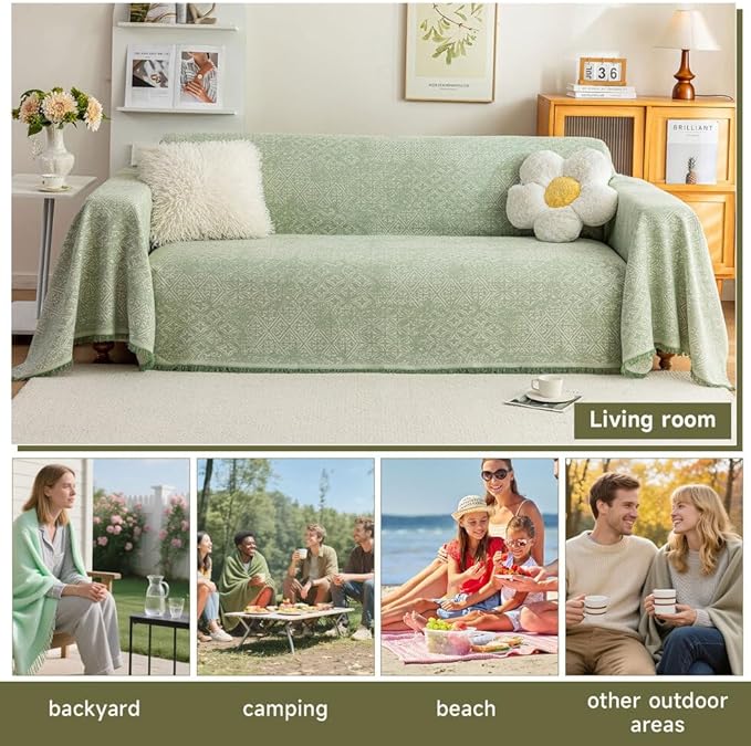 ROOMLIFE Green Sofa Cover, Vintage Boho Couch Cover for 3 Cushion Sofa, Soft Breathable Sofa Cover for Dog, Washable Furniture Sofa Protector Cover Blanket with Tassel for Living Room, 71 '' X 150''