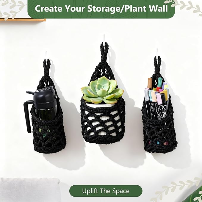 Macrame Wall Plant Hanger, Hanging Planter Basket Holder, Wall Planters for Indoor Plants, for Up to 4 Inch Pot (Black, 4-Inch)
