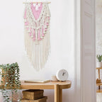 HVEST Pink Macrame Wall Hanging Boho Wall Decor Pink and Beige Tassel Woven Tapestry for Bedroom, Bohemian Tapestry for Girl Kids Room Living Room Nursery Dorm Wall Art Decor, 27L X 13W inches