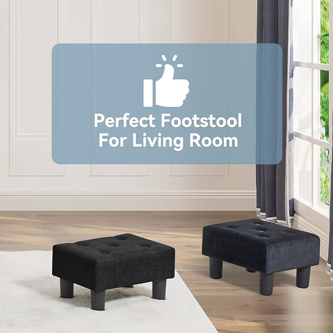 Poofzy Small Foot Stool Ottoman, Linen Ottoman Foot Rest with Legs, Rectangle Foot Rest for Couch, Footstools and Ottomans Small for Living Room and Entryway (Black)
