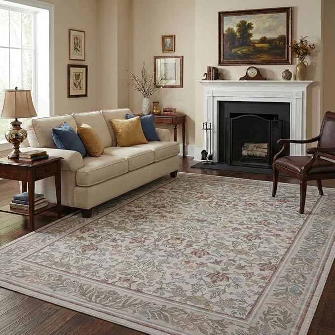 GarveeHome 5x7 Area Rugs Washable Rugs for Living Room, Boho Vintage Rug Non Slip Low Pile Stain Resistance Indoor Soft Large Carpet for Bedroom Dining Room Office Beige Pink