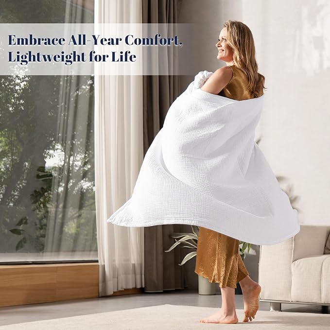 PHF 100% Cotton Muslin Throw Blanket 50" x 60", 4-Layer Lightweight Gauze Throw, Breathable Cloud-Soft Minimalist Blanket for Bed, Couch, Camping & Baby, White, Ideal Gift