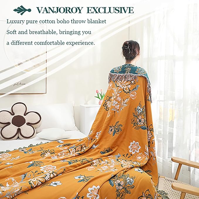 Boho Large Throw Blanket, 100% Organic Cotton Breathable Soft Bed Throw - Floral Bird Farmhouse Decor Blanket for Sofa Couch Chair Quilt and Gift. (Flower-Art, 80" x 90")