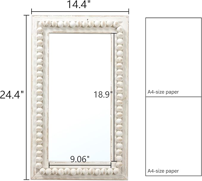 Farmhouse Mirrors for Wall Decor with Beaded Border 24 Inches, Hanging Distressed White Bathroom Mirrors for Vanity, Rustic Wood Framed Rectangular Wall Mirrors Decorative