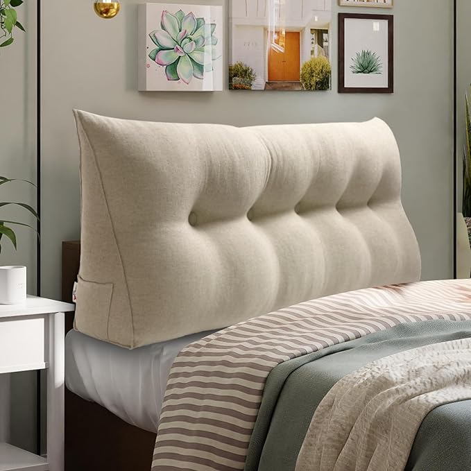 WOWMAX Headboard Pillow Queen Triangular Bed Wedge Pillow for Headboard Wedge Pillow Headboard for Daybed Bunk Bed Large Bolster Pillow for Bed with Removable Cover, 80% Cotton & 20% Linen Blend