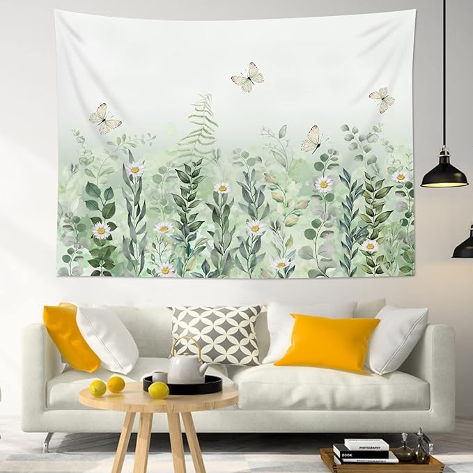 EOBTAIN Sage Green Leaves Tapestry Eucalyptus Leaf Botanical Plant Vintage Daisy Flowers Butterfly Floral Tapestries Simple Cottagecore Aesthetic Tapestry Wall Hanging Living Room Bedroo Dorm 59Wx51H