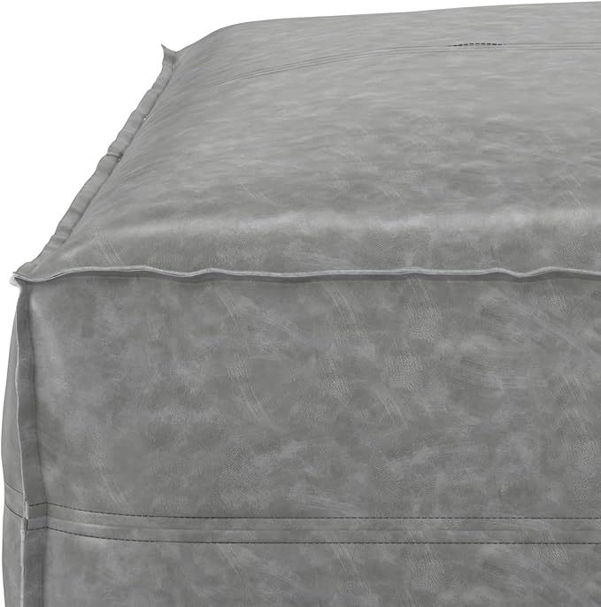 SIMPLIHOME Brody 30-inch Wide Large Square Coffee Table Pouf in Distressed Grey, Vegan Faux Leather Ottoman, Footrest, or Extra Seating for Living Room, Assembled
