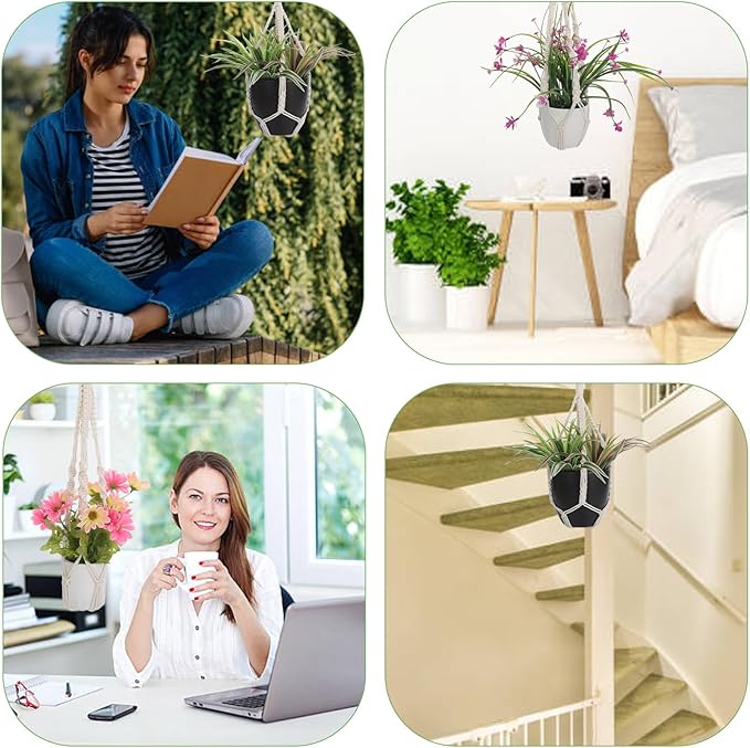 Handmade Macrame Plant Hangers, 2 Pack Cotton Boho Hanging Planters Baskets Plant Holder 19.6 Inch White Rope Flower Pot Holders for Indoor Outdoor Decor