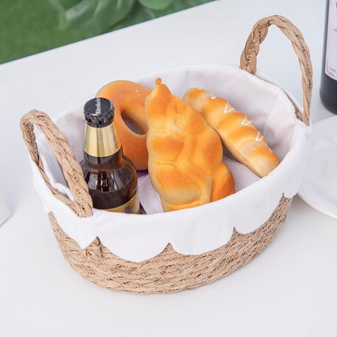 Handmade Seagrass Wicker Storage Basket with Handles & Removable Liner,Eco-Friendly Oval Woven Shelf Basket Organizer for Home Decor,Set of 3