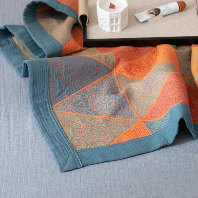 100% Cotton Muslin Blanket Jacquard Bohomian Mandala Triangle Quilt, Soft Bed Cover 3 Layers Reversible Bedspread Coverlet Breathable Lightweight Bedding Twin(59"x94"), No Pillow Sham
