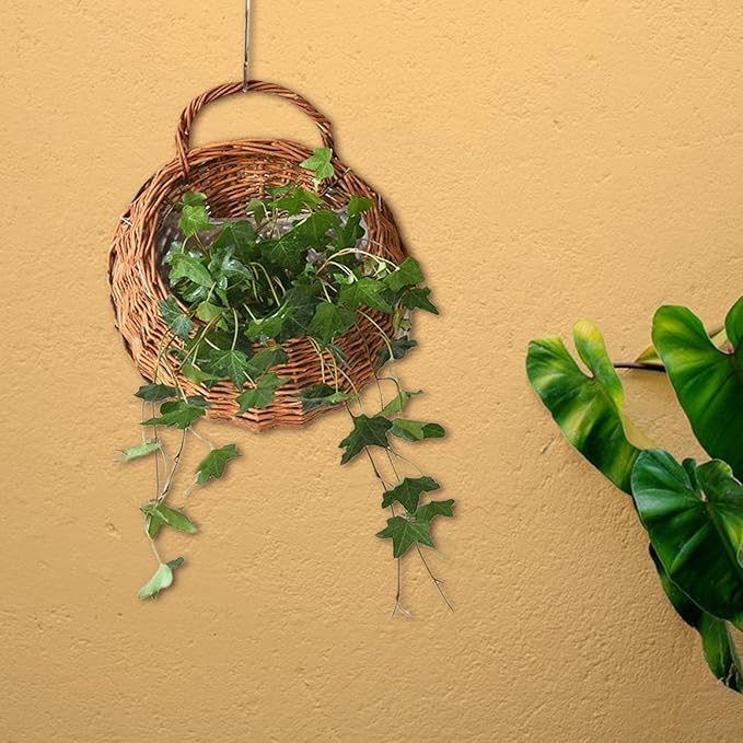 Woven Flower Basket, Pure Handmade Rattan Flower Pots with Handle, Easy Hanging, Wall Storage Woven Baskets, Wall Storage Basket for Garden Outdoor, Large