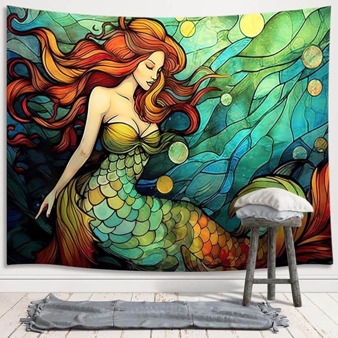JAWO Mermaid in Shell Mandala Teen Girl Wall Hanging for Bedroom College Dorm, Underwater World Teal Tapestry Home Decor 71x60 Inches