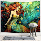 JAWO Mermaid Wall Hanging, Mermaid in Shell Mandala Teen Girl Wall Art for Bedroom College Dorm, Underwater World Teal Tapestry Home Decor 60x40 Inches