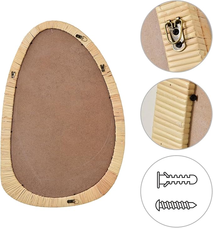 sawsile Rattan Mirror,30x20 Irregular Boho Bathroom Rattan Farmhouse Wicker Asymmetrical Wood Wall Mirror for Nursery,Bathroom,Living Room,Washroom