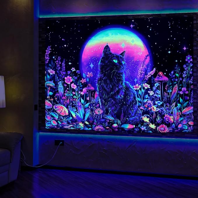 Dermijer Blacklight Black Cat Tapestry UV Reactive Moon Stars Floral Wall Hanging Tapestry Moonlit Garden Home Decor for Bedroom Living Room Dorm 78.7L x 59.1W