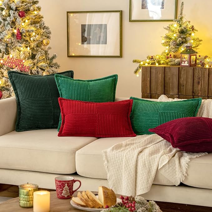 MIULEE Decorative Euro Sham Throw Pillow Covers for Couch Bed Livingroom 26x26 Inch Set of 2 Dark Green Boho Accent Throw Pllows Broadside Striped Patchwork Soft Corduroy Pillowcases