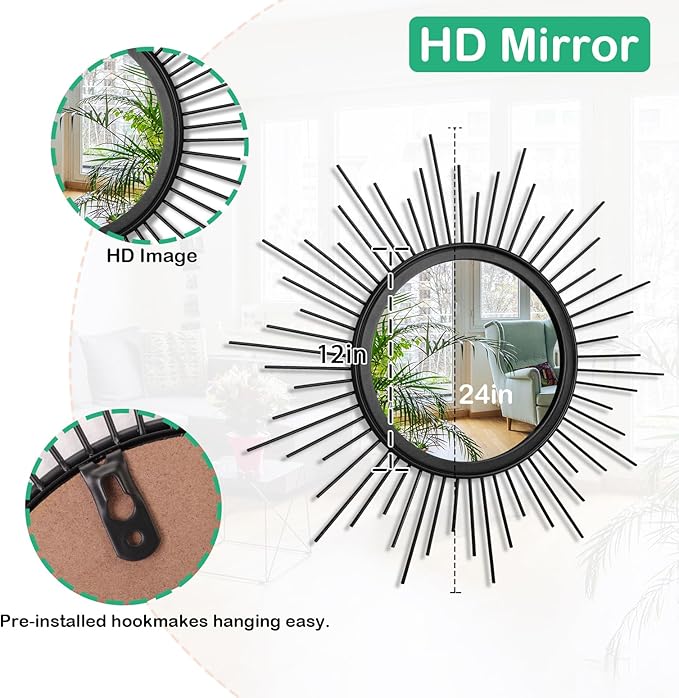 Sunburst Wall Mirror, Black Large Spoked Wall Decor Mirror Bohemian Home Round Modern Metal Wall Art Mirror for Living Room Hallway Bedroom Bathroom 24" x 24"