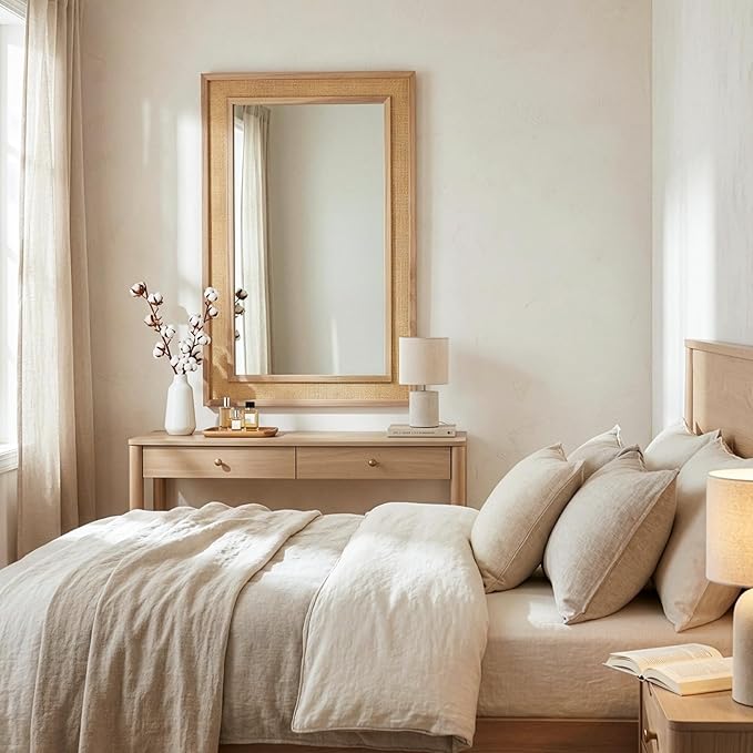 Rectangle Rattan Mirror, 24"x36" Rattan Wall Mirror for Bathroom, Large Farmhouse Wooden Mirror with Handmade Wicker Frame, Decorative Boho Mirror for Nursery Bedroom Living Room Entryway Nature