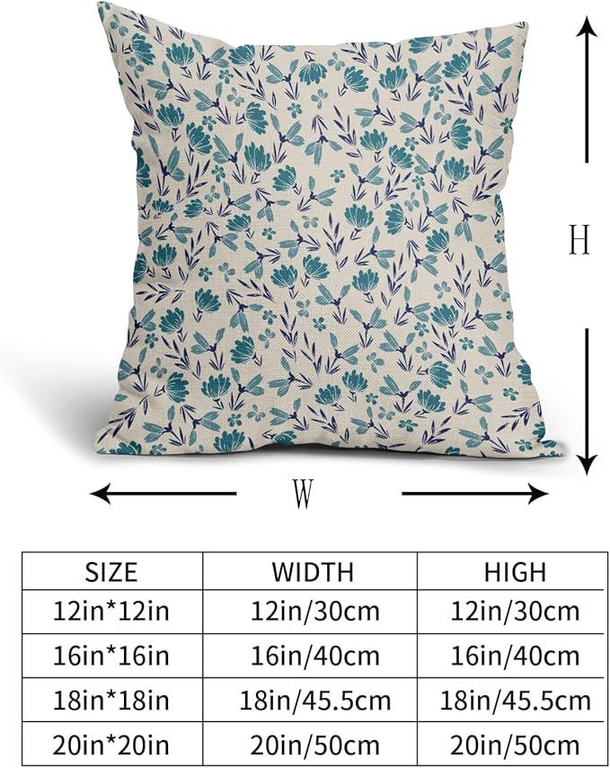 Blue Teal Pillow Covers 24x24 Set of 2 Vintage Floral Rustic Old Style Cute Flower Print Decorative Outdoor Pillowcases Seasonal Farmhouse Throw Cushion Case Decor for Couch Sofa Bed