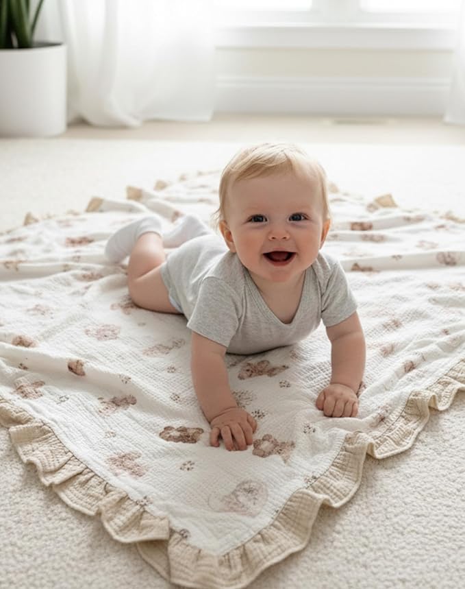 Muslin Ruffled Baby Blanket, Extra Large 52 x 52 Inches, Soft Breathable Cotton Crib Blanket for Newborn Infant Toddler (Mustard Yellow-Ruffled, Printed)
