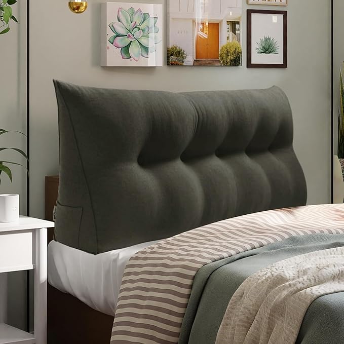 WOWMAX 80% Cotton & 20% Linen Blend Headboard Pillow – Queen Size Reading Wedge Backrest for Bed, Handmade Firm Support Bolster Cushion with Removable Cover, Premium Bed Rest Pillow, Deep Gray