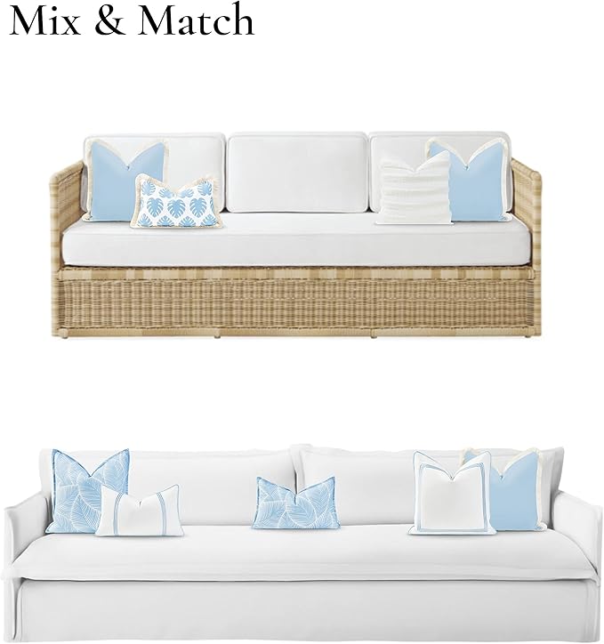 Hofdeco Premium Coastal Hampton Style Patio Indoor Outdoor Pillow Cover Only, 20"x20" Water Resistant for Backyard, Couch, Solid Baby Blue White Fringe