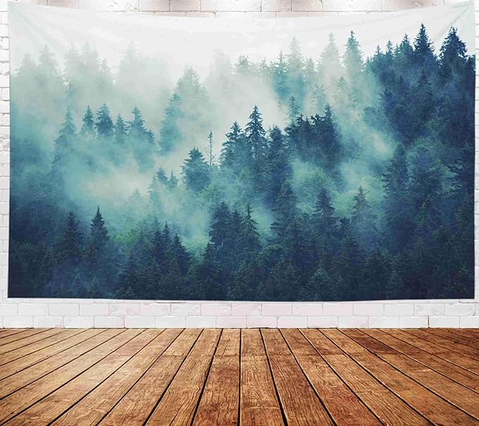EMMTEEY Forest Tapestry Wall Hanging - Green Misty Pine Tree Nature Wall Art, 80x60 Inch Tapestries Large BoHo Decor for Living Room & Bedroom Spaces