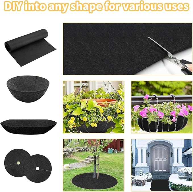 12x122 Inch Black Felt Planter Liner Roll, Non-Woven Hanging Basket Liners Coco Coir Alternative Breathable Outdoor Planter Liner Window Box Liners for Metal Basket Flower Pot Raised Garden Bed