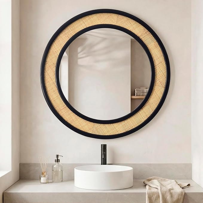 Round Rattan Mirror, 30" Circle Wall Mirror, Farmhouse Wooden Vanity Mirror with Handmade Wicker Frame, Decorative Boho Mirror for Nursery Bedroom Living Room Entryway Black