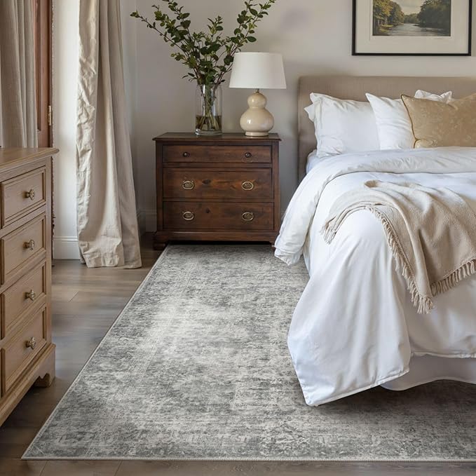 4x6 Area Rugs for Living Room Bedroom, Large Washable Rug, Grey Vintage Abstract Boho Rug, Non Slip & Low Pile Wool Carpet for Indoor Dining Room, Farmhouse, Kids Room and Office(Grey 4x6ft)
