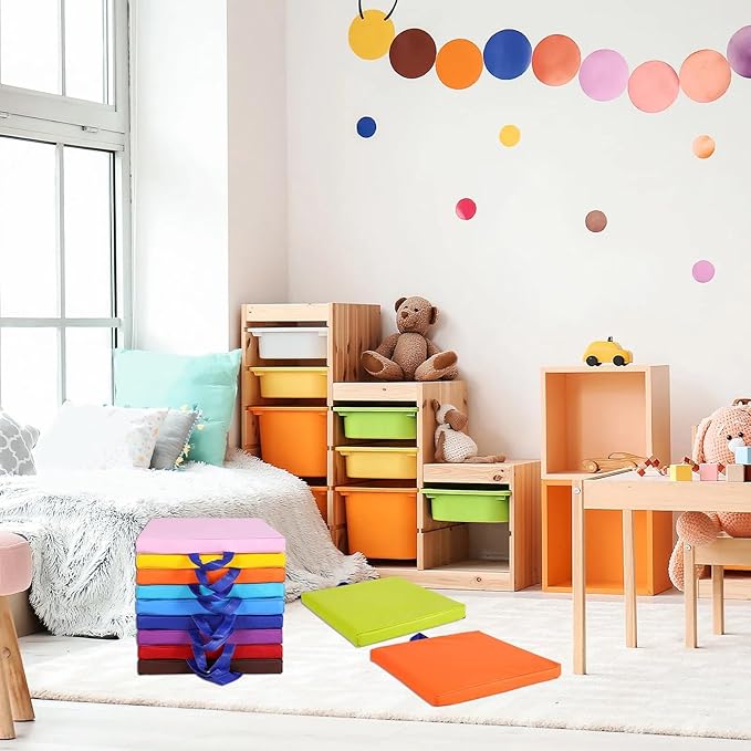 Sawysine 12 Pcs Floor Cushions Classroom Flexible Floor Seating with Handle for Kids in Home School Classroom Kindergarten Daycare Nursery (Classic Color,Square)