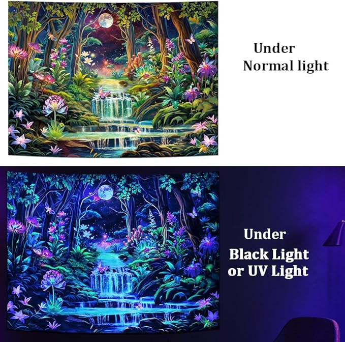 Leofanger Blacklight Fantasy Forest Tapestry Aesthetic Moon Tapestry UV Reactive Neon Galaxy Space Wall Tapestries Trippy Plant Floral Tapestries Wall Hanging for Home Decor(51.2"x59.1")