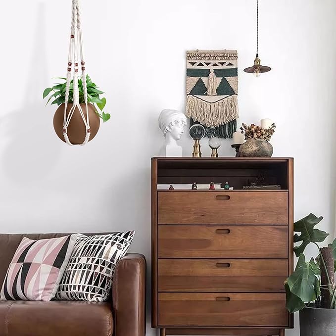 Handmade Macrame Plant Hanger with 2PCS Hooks, Elegant Hanging Plant Holder for Indoor Outdoor Plants, Sturdy Hanging Planters with No Tassel, 33 Inch, Ivory