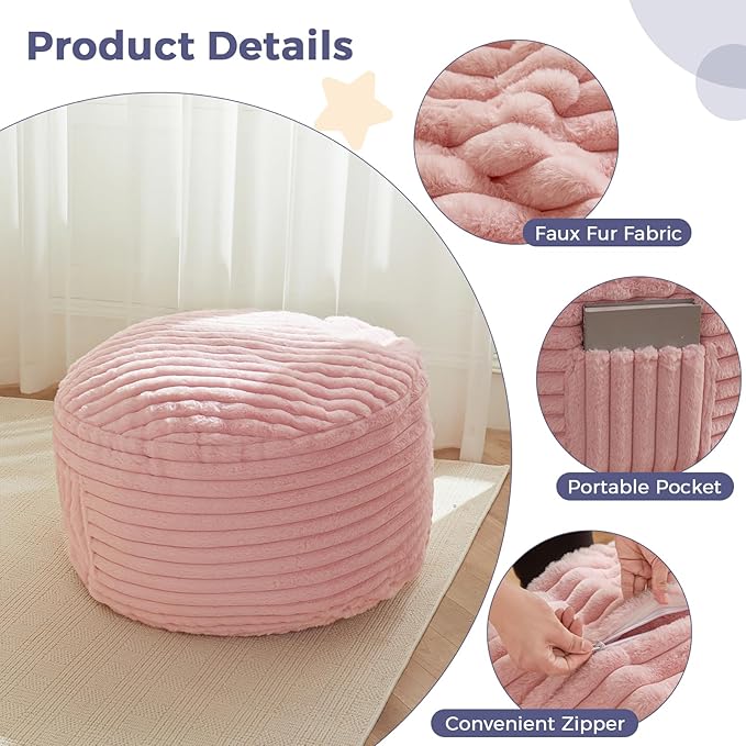 MAXYOYO Kids Bean Bag Chair Bed, Convertible Children Chair to Floor Mattress with Filler, Faux Fur Bean Bag Bed Stuffed Child Sofa Couch for Girl Boy Sleeping, Machine Washable Cover, Pink