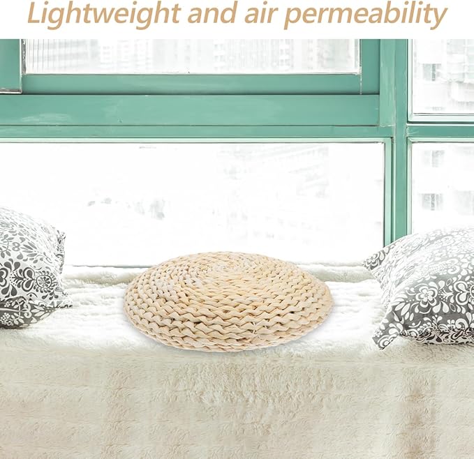 Round Straw Braid Cushion 11.81 Inch Handwoven Yoga Meditating Seat Pad with Breathable Space Cotton Filling for Home Tatami Floor and Windowsill