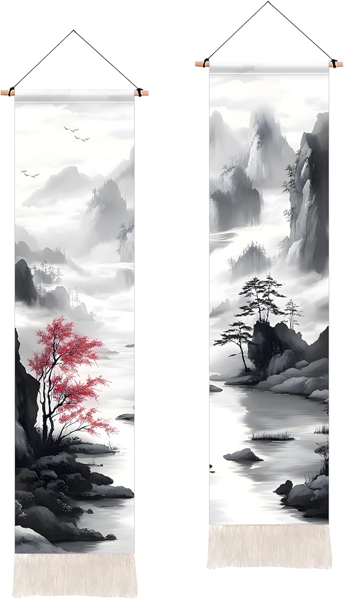 AOHMPT Pack of 2 Long Vertical Tapestry,Nature Landscape Tapestry with Serene Mountain River, Moon & Sun Motifs,Traditional Ink Painting Wall Art,Zen Aesthetic Wall Hanging for Living Room Bedroom Decor 13" W x 51" H"