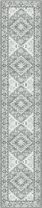 Lessymo 2 x 10 Long Runner Rug for Hallway, Washable Entryway Rugs Boho Faux Wool Low Pile Rug for Kitchen, Floral Medallion Vintage Rugs with Non-Slip Rubber, Grey Beige