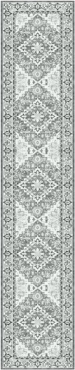 Lessymo 2 x 10 Long Runner Rug for Hallway, Washable Entryway Rugs Boho Faux Wool Low Pile Rug for Kitchen, Floral Medallion Vintage Rugs with Non-Slip Rubber, Grey Beige