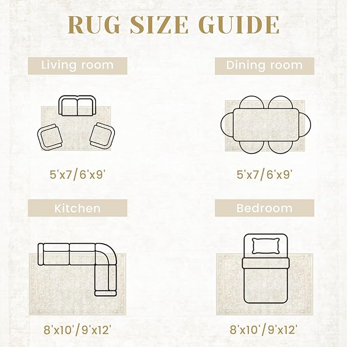 10x14 Area Rugs for Living Room: Washable Large Vintage Floral Rug Low Pile Non-Slip Boho Carpet for Bedroom Dining Home Office (Beige, 10'x14')