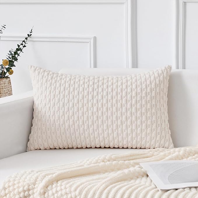 Kevin Textile 12x20 Inch Pillow Cover 1 Pack Boho Christmas Decorative Soft Striped Corduroy Lumbar Farmhouse Color Accent Rectangle Cushion Case for Living Room Couch Sofa Bed, Pure White