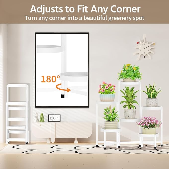 LASZOLA 6 Tiered Plant Stand Indoor Outdoor with Plastic Tray, Corner Folding Tall Flower Display Rack, Modern Plant Holder Shelf for Outdoor Patio Porch Garden Office Living Room, White