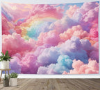 LB Aesthetic Cloud Tapestry Wall Hanging - Pastel Rainbow Sky Nature Wall Art 48"x36", Boho Pink Bedroom Decor for Dorm Living Room
